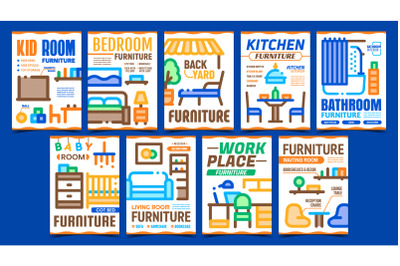 Home Rooms Furniture Promo Posters Set Vector