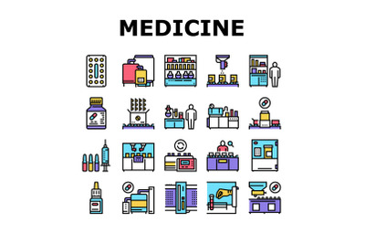 Medical Drugs Production Factory Icons Set Vector