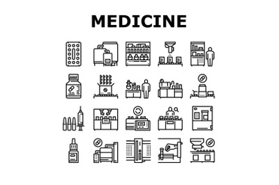 Medical Drugs Production Factory Icons Set Vector