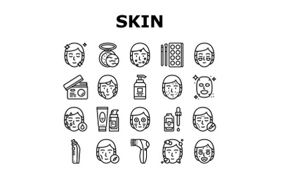 Facial Skin Care Treat Collection Icons Set Vector