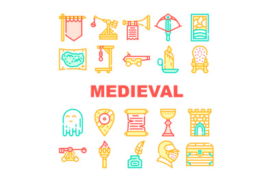 Medieval Middle Age Collection Icons Set Vector