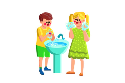 Boy And Girl Washing Soapy Hands In Sink Vector