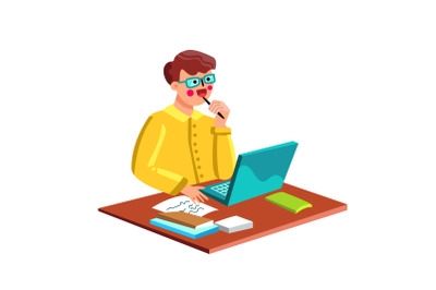 Writer Man Working At Desk With Laptop Vector