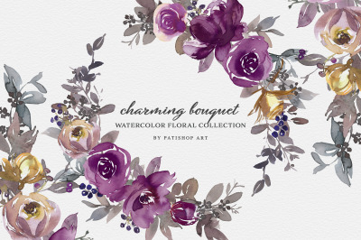 Purple Violet Blush Watercolor Floral Clipart Set