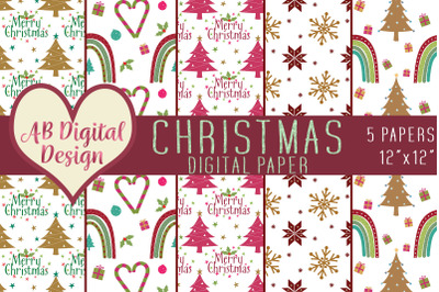 Cute Christmas Digital Paper Background, Christmas Rainbows, Seamless