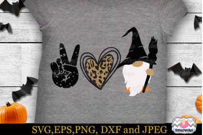 Halloween Peace Love Gnome SVG, Wizard Gnome SVG, Leopard Heart SVG