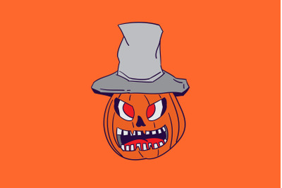 Halloween Icon with Yellow Pumpkin and Grey Hat