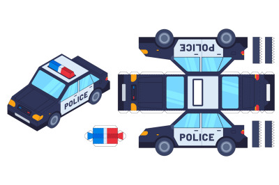 Police car paper cut toy. Kids crafts, create toys with scissors and g