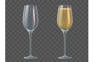 Champagne glass. Fill and empty transparent wineglasses with sparkling