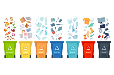 Waste segregation. Sorting garbage by material and type in colored tra