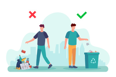 Littering behavior. Infographic of correct and wrong examples of throw