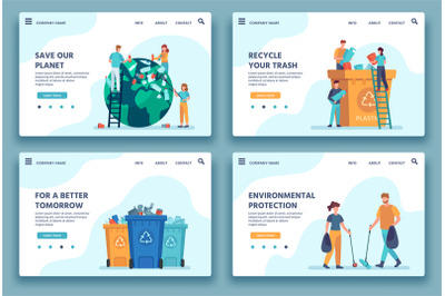 Recycling trash landing page. People collecting and sorting garbage fo