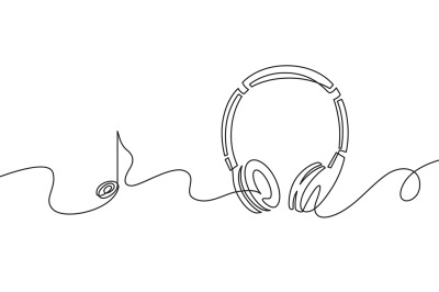 One line headphones. Continuous drawing of music gadget and note. Audi