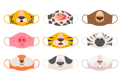 Medical mask with animals faces. Tiger&2C; pig and zebra&2C; bear and rabbit