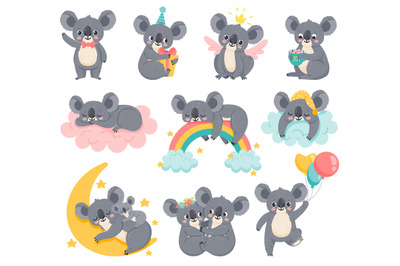 Cartoon birthday koalas. Lazy koala sleeping on cloud. Cute australian