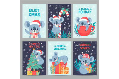 Koala christmas. Happy animals with gift boxes. Cute merry christmas c