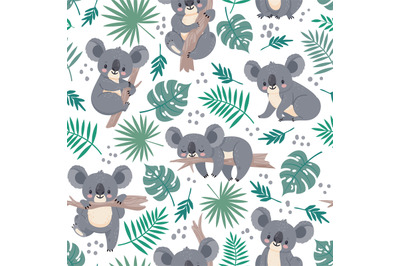 Seamless pattern with koalas. Cute australian bears and tropical leave