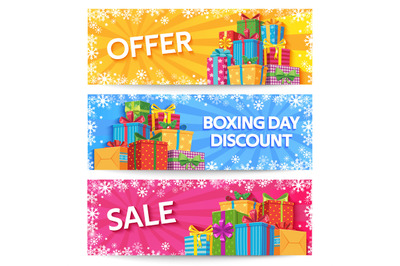 Boxing day. Holiday gift boxes with ribbon, xmas or wedding gifts, bir