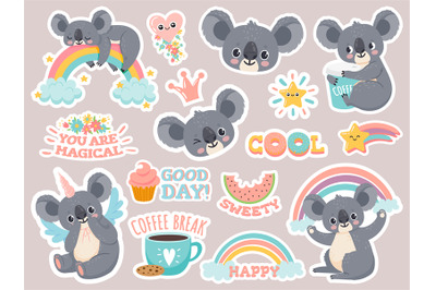 Magic koala stickers. Lazy australian koalas sleeping on rainbow. Patc