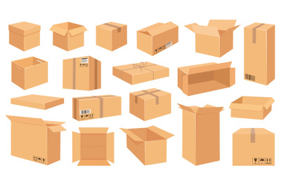 Cardboard boxes. Cartoon brown carton package. Open and closed deliver