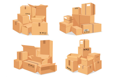 Carton box stack. Big pile of delivery brown cardboard boxes. Cartoon