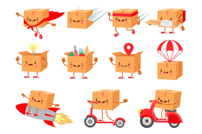 Cardboard box character. Fast delivery service mascot. Cartoon boxes w