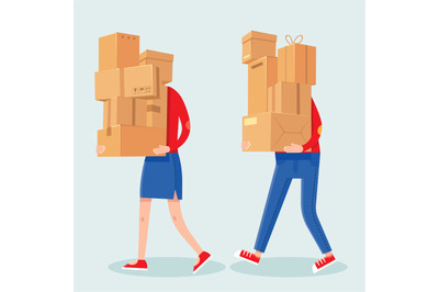 People carrying boxes stack. Cartoon man and woman with heavy carton b