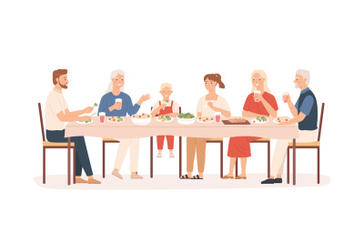 Family dinner. Grandparents, parents and kids sitting at holiday table