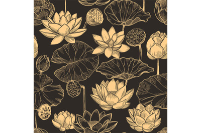 Sketch lotus seamless pattern. Floral composition water lily flowers a