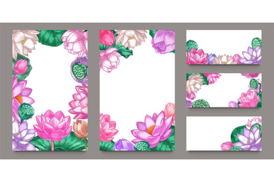 Lotus banners. Floral composition pink lotus flowers and green leaves