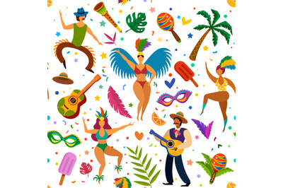 Brazilian carnival seamless pattern. Dancers and maracas, palm tree, m