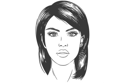 Sketch woman face. Sexy beautiful brunette girl portrait with eyes, yo