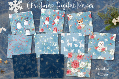 Christmas watercolor digital paper seamless patterns on watercolor bac