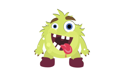 Mad green monster with opening mouth and stick out tongue