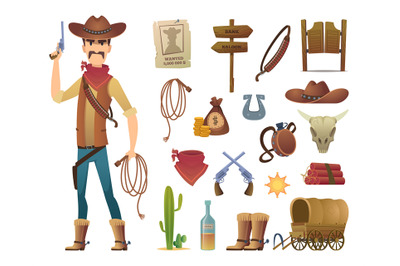 Wild west cartoon. Saloon cowboy western lasso symbols vector pictures