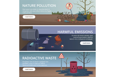 Waste nature banners. Toxic trash in rivers and oceans pollution facto