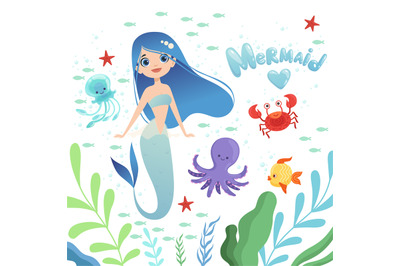 Mermaid background. Underwater life with cartoon fantasy mermaid chara