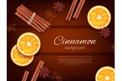 Cinnamon background. Advertizing pictures of herbs and species fresh a