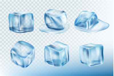 Ice cubes realistic. Puddles smudges and splashes of freeze water vect