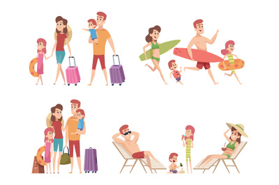 Summer characters. Family couple travellers with kids going to vacatio