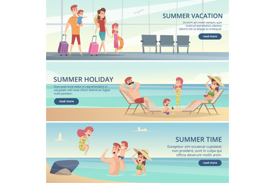 Happy family travel banners. Summer vacation on tropical sea with pare