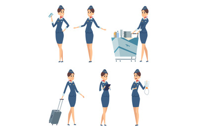 Stewardess. Woman hostess professional blue uniform of boarding airpla