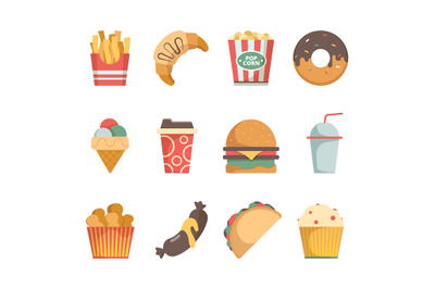 Fast food icons. Hamburger pizza sausages snacks sandwich ice cream fo