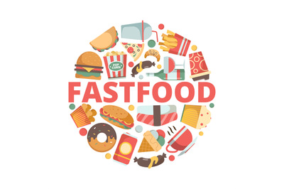 Fast food icons. Menu pictures in circle shape cold drink pizza burger