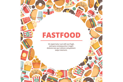 Fast food circle background. Burger meal cold drinks ice cream pizza a