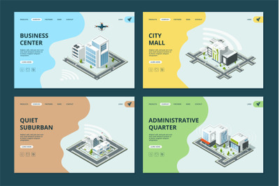 Smart city. Website landing pages template with isometric urban landsc