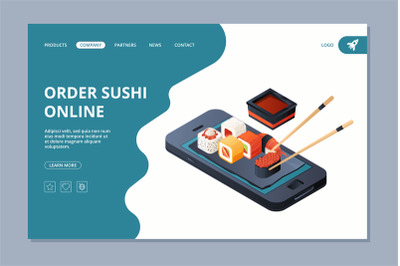 Food delivery. Sushi seafood landing website page design template onli