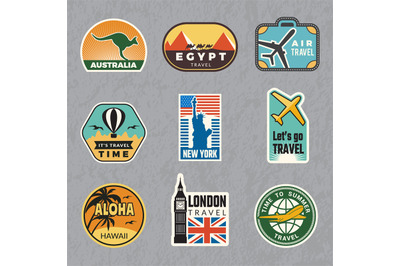 Travel vintage sticker. Summer vacation labels for old luggage tropica