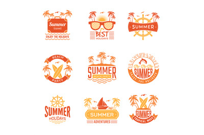 Summer badges. Travel labels and logos palm tree drinks sun vacation t