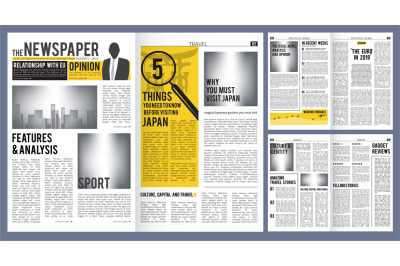 Newspaper headline. Press layout template of newspaper cover and pages